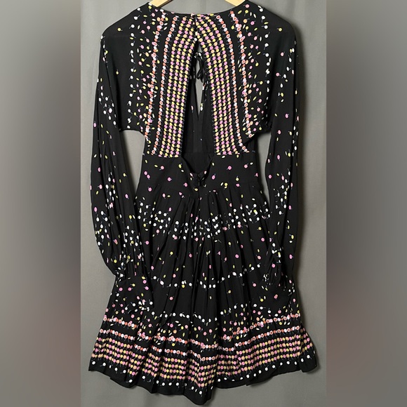 Free People S Black Multi Color Polka Dot Bishop Sleeve Open Back Mini Dress - Picture 5 of 10